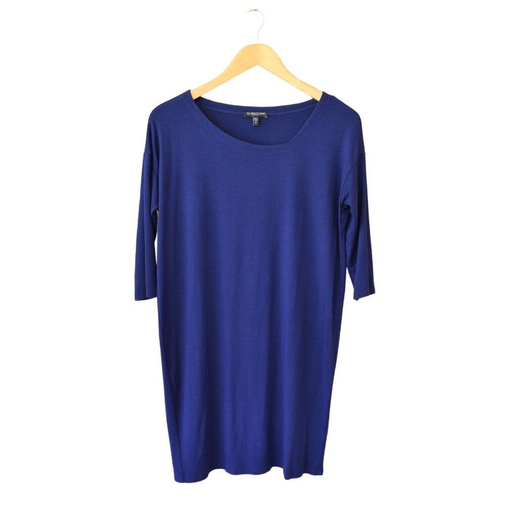 EILEEN FISHER Asymmetric Neck Long Tunic Royal Blue Oversized 3/4  Dolma…